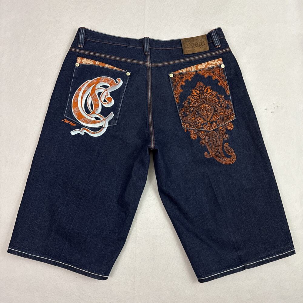 COOGI Mens 44 Baggy Denim Shorts Embroidered Studded Vintage Y2K Streetwear
